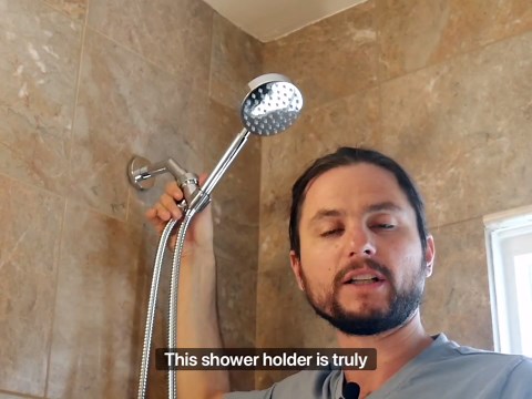 HammerHead Showers Solid Metal Handheld Showerhead Holder, Adjustable Wand Holder with Universal Wall Hook Bracket and Brass Pivot Ball, Brushed Gold