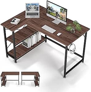 SunyesYo L Shaped Computer Desk 47 in - Small Office Home Gaming Desk with Storage Shelves - Study Writing Corner Table, Reversible Sturdy Workstation, Work PC Desk, Brown