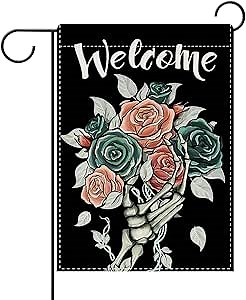 Dyrenson Welcome Halloween Rose Flowers Decorative Garden Flag, Gothic Romantic Floral Skeleton Hands Yard Outside Home Decoration, Skull Burlap Outdoor Small Decor Double Sided 12 x 18