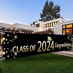 Congrats Grad Yard Banner Outdoor & Indoor Class Of 2024 Garden Sign Hanging 118In x 20In Black Gold Trencher Cap Photo For Classroom Prom Party Decoration Supplies