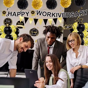 Work Anniversary Decorations Party Banner - 40 Pcs Black Gold Glitter Happy Workiversary Banner Penant Swirls Paper Pompoms Balloons Round Dot For Anniversary Employee Office Party Supplies