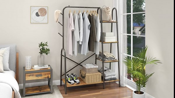 Bamboo Clothing Garment Rack Extral Large Clothes Organizer with 7-Tier Storage Shelves Hanging Hook, Clothes Hanging Rack for Hall, Bedroom