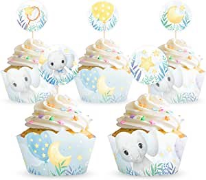 Blue Elephant Baby Shower Boy Cupcake Wrappers And Toppers Serves 16 Guests | 16 Cupcake Reversible Wrappers & 16 Toppers