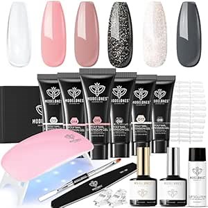 Modelones Poly Nail Extension Gel Kit - 6 Colors Poly Nails Gel Kit Nude Clear Black Pink All In One Starter Kit Builder Glue Gel with Nail Lamp Base Top Coat Set for Beginner DIY at Home Beauty Gifts