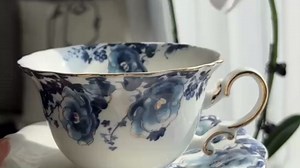 14 Pieces Bone China Tea Set, Tea Sets for adults with Teapot and Tray, Blue Floral Bone China Teapot Set, Vintage Porcelain Tea Pot Set with Teapot Warmer, British Tea Set for Women Tea Party