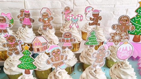 Gingerbread Man Party Cupcake Toppers 48Pcs Christmas Theme Cake Decorations Pink Gingerbread Baby Shower Cupcake Picks for Xmas Holiday Gender Reveal Party Supplies