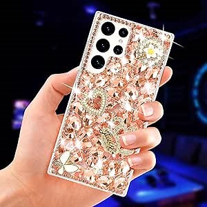 Losin for Galaxy S24 Ultra Bling Case Women Girls Luxury 3D Glitter Diamond Sparkle Crystal Rhinestone Phone Case Cute 3D Heart Crown Flower and Butterfly Gemstone Case for Galaxy S24 Ultra, Rose Gold