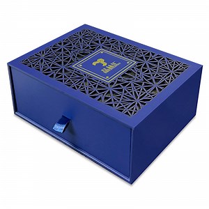 [Hot Item] OEM Packaging Customised Blue PU Leather Wood MDF Drawer Perfume Box Cosmetic Gift Packing Box with Laser Cut Logo