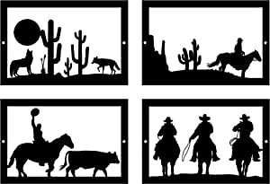 Metal Western Art - Cowboys, Horses, Wolves, Desert - Set of 4 plaques - Made in the USA