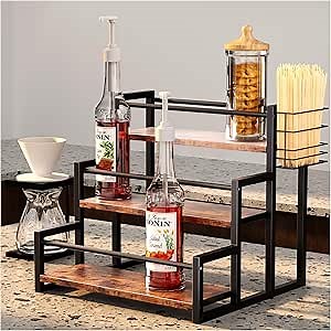 HOYRR Coffee Syrup Organizer,Coffee Syrup Rack 3 Tier,Coffee Syrup Rack,Ironwood Coffee Syrup Holder,12 Bottle Storage Coffee Syrup Stand with Basket,Syrup Holder for Coffee Bar-Single Piece Set…