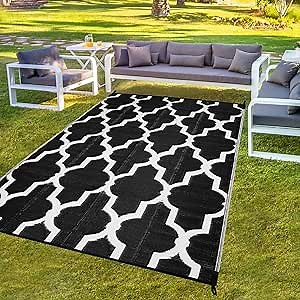 Outdoor Rug 5'x8', Outdoor Plastic Straw Rug, Reversible Mats, Area Rug Decor, Waterproof, Portable, Camping Mat Black