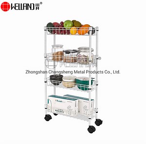 [Hot Item] Rolling Adjustable 4 Tiers Steel Narrow Shelf Space Kitchen Storage Cart with Basket