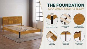 Bme Trapeze Queen Bed Frame – Modern Solid Wood Bed with Smooth Pattern Headboard, Black Metal Legs, Teak Brown Finish – Durable Queen Size Platform Bed for Contemporary Bedrooms