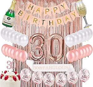 30th Birthday Decorations Party Supplies Kit - 30th Birthday Gifts for womens,30th Cake Topper|Banner|sash|Rose Gold Curtain Backdrop Props|Confetti Balloons|Champagne Balloon. (30)