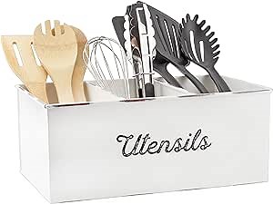 AuldHome Design Large Enamelware Utensil Holder, White Farmhouse Cooking Caddy or Spoons/Forks/Knives Storage for Countertop and Table