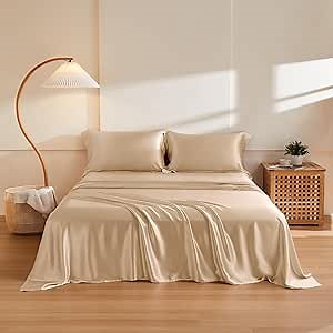 THXSILK Silk Sheet Set 4Pcs, 6A+ Top Grade 100% Natural Mulberry Silk Bed Sheets, Luxury Bedding Sets Ultra Soft Durable, 1 Fitted Sheet, 1 Flat Sheet and 2 Pillow Shams (King, Champagne)