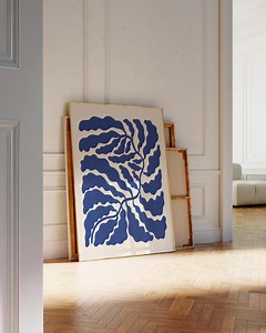 Dessin au trait abstrait tropical bleu feuille, art mural floral abstrait, art mural botanique bleu, jungle moderne feuilles Nature art botanique imprimable