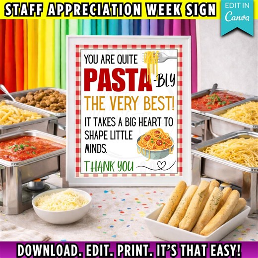 Teacher & Staff Appreciation Pasta Bar Sign Printable | 8x10 Breakroom Decor | Thank You Teachers Sign | Editable Canva Template - Etsy