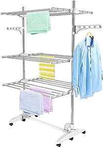 Todeco Clothes Drying Racks, 3 Tier Collapsible Rolling Dryer Clothes Hanger Rack Rail Stand with Side Wings, Stainless Steel Clothes Airer for Laundry, White