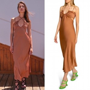 A.L.C. Sienna Cut Out Shirred Satin Midi Dress in Rawhide Brown Size:6