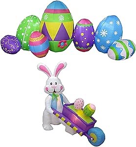 Two Huge Easter Party Decorations Bundle, Includes 8 Foot Long Inflatable Cute Colorful Seven Easter Eggs Hunt Fun Patch, and 4 Foot Long Inflatable Easter Bunny Pushing Wheelbarrow with Eggs