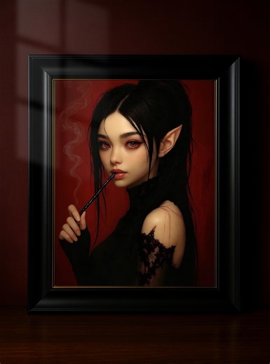 Dark Elf Girl Wall Art, Gothic Fantasy Digital Download, Smoking Elf Portrait Print, Dark Aesthetic Fantasy Artwork - Etsy