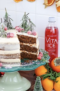 Skip the gingerbread cookies and go for this festive Gingerbread Cake with Cream Cheese Frosting! Save a slice and a sip of Bing Cherry Plum Vita Ice for Santa! 🎅✨ | Vita Ice