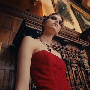 Shop the McQueen Spring Summer 2025 Pre-collection. Draped velvet with jet-stone embroidery and painterly prints. #McQueenPreSS25 | Alexander McQueen