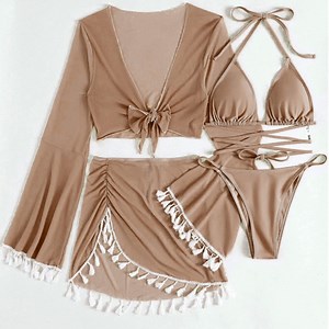 YUTK Maternity Bathing Suit - Four-Piece Suit Women Bandage Solid Sexy Bikini Push-Up Padded Swimwear Swimsuit Beachwear Set - Coffee Xl