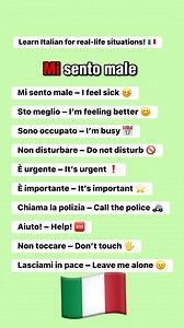 🇮🇹Learn Italian for real-life situations! 🇮🇹From “I feel sick” to “Help!”, these phrases are important for emergencies, health, and setting boundaries. 💬⚠️Keep them in mind — they might come in handy one day! #LearnItalian #ItalianPhrases #EverydayItalian #ItalianForBeginners #SpeakItalian #ItalianEmergencyPhrases #LanguageLearning #StudyItalian #ItalianExpressions #ParlaItaliano | Piccolo Maestro