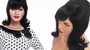50s Flip Black Beehive Wig with Retro Bangs - 50s/60s Costume Wig for Women Halloween Party