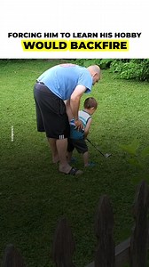 50K views · 141 reactions | Father and son decided to celebrate Father's Day by playing golf together in the backyard. He taught the little boy how to play while holding his hands and correcting his posture. He then walked away and let his son play, but he kept missing his sh0t and got so frustrated that he tossed it away. | Positive | Facebook
