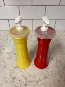 Vintage MCM Tupperware Plastic Condiment Pump Dispensers, Red and Yellow. Ketchup and Mustard - Etsy Canada