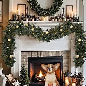 9ft Garland with 50 Warm and Coloful LED, Fall Christmas108 Pre-Lit Artificial Thicken Green Fireplace Garland for Mantle, Stairs, Door, Wedding Party Decor