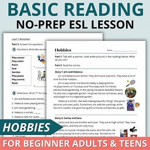 Beginner Adult ESL Short Story Reading Comprehension with Worksheets - Hobbies