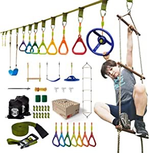 HAPPYPIE Ninja Warrior Obstacle Course with 11 Accessories for Kids - 46FT Ninja Slackline Kit Training Equipment for Backyard Outdoor
