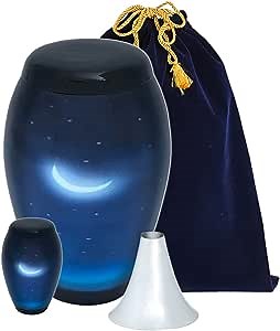 Our Daily Life Cremation Urn for Human Ashes – Set of Large Adult Urn + Keepsake Mini Urn + Stainless Steel Funnel + Velvet Bag – Night Design - Handcrafted Funeral Memorial – Made of Aluminum