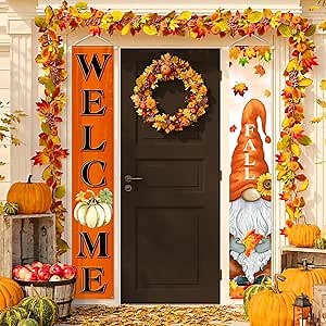 Welcome Fall Porch Banners Autumn Harvest Door Banner with Pumpkin Maple Leaves Gnome Pattern Thanksgiving Hanging Banners Autumn Home Decorations for Fall Indoor Outdoor Home Yard Wall Supplies