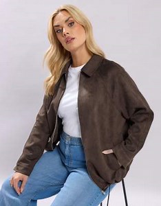 Yours Clothing Faux suede bomber jacket in brown | ASOS
