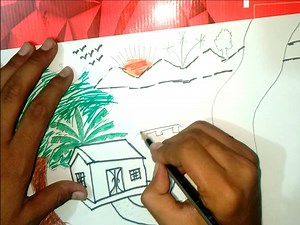 Easy Village Scenery Drawing! ! Hillside drawing,sun, stream,tree,bird drawing ! Tree house drawing #villagescenery #drawingtrees | Anushka's friends zone
