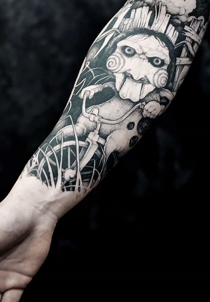 Unique Full Sleeve Tattoo of Horror and Cartoon Characters