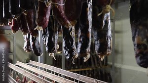 Meat and sausage manufacturing. Processed meat products in refrigerated warehouse of sausage making plant. Smoked sausages on racks in storage room at meat processing factory. 4k