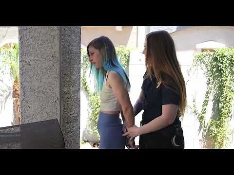 Blue hair girl gets cuffed behind her back