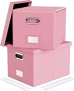 2 Pack Pink Leather File Storage Organizer with Lid - Portable Filing Box for Letter/Legal File Folder Storage