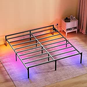 KKL King Size Bed Frame with LED Lights, 14 inch Heavy Duty Steel Platform Bed Frames with USB Charging Station, Storage Space Beneath Bed, No Box Spring Needed, Easy Assembly, Noise Free