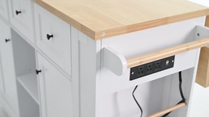 PARASOLAR White Wood 53 in. Kitchen Island with Drop Leaf, 5 Open Side Racks, Power Outlet and Door Internal Storage Rack PA-004