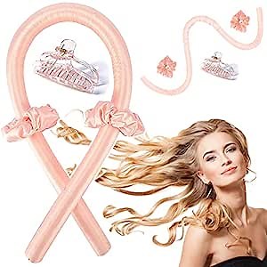 Heatless Hair Curler, No Heat Curling Headband with Clips & Scrunchie, Soft Hair Rollers for Long Hair, Foam Curling Rod Curlers, Sleeping Overnight Silk Ribbon Rollers Kit For Natural Hair (Pink)