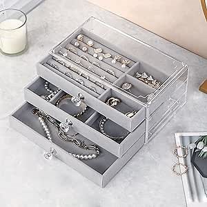 Earring Organizer Jewelry Organizer Box with 3 Drawers, Acrylic Stackable Jewelry Holder Clear Earring Storage Case with Adjustable Velvet Trays for Women on Dresser Vanity -Grey, 3 Layers