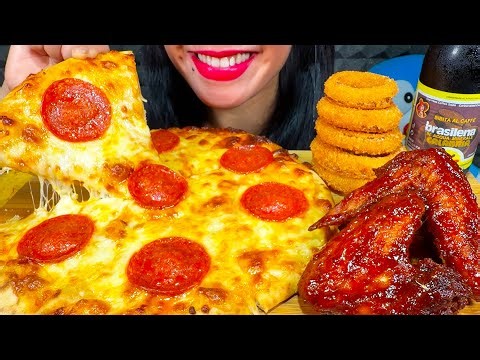 ASMR CHEESY PEPPERONI PIZZA, SPICY CHICKEN WINGS, ONION RINGS MASSIVE Eating Sounds