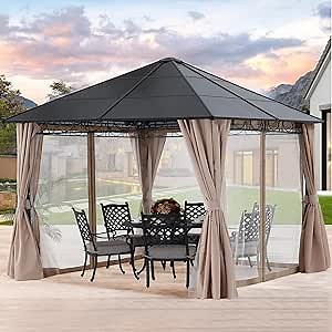 MASTERCANOPY 10x10 Outdoor Hardtop Gazebo Aluminum Frame Polycarbonate Top Canopy with Curtains and Netting, Beige
